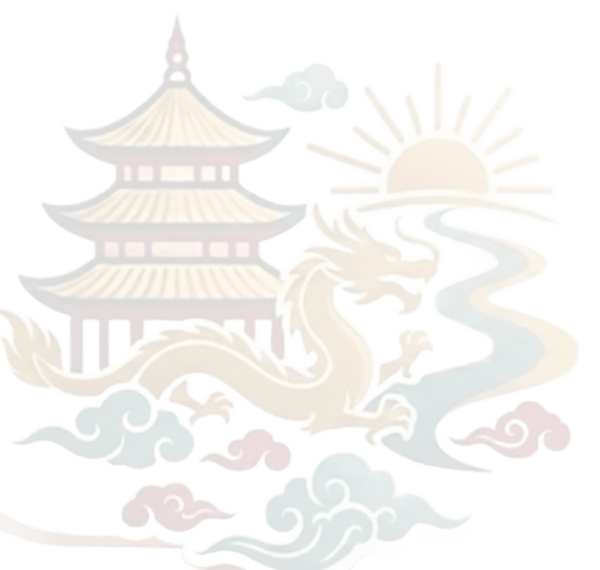 Logo de la agencia de viaje Ruta China, tiene un dragón, templo chino y un sol.