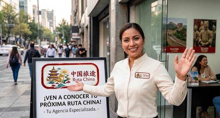 mujer con mano levantada indicando a entrar a su agencia de viajes