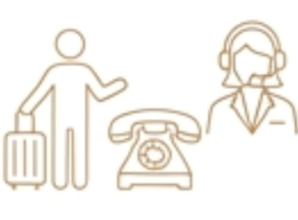 vector de persona con maleta, un telefono y una persona con audifonos de asistencia