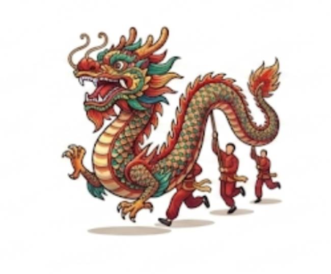 Dibujo de la Danza del Dragón. Tres personas sosteniendo a un Drragón
