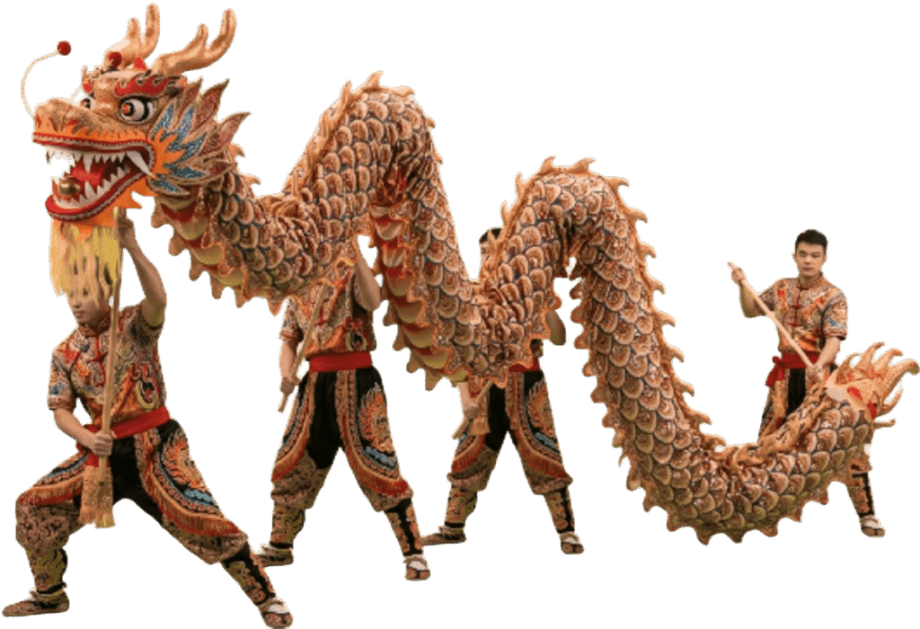 Cuatro personas sosteniendo un dragón de material para el baile del dragón