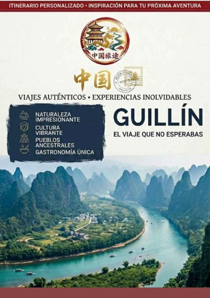 Folleto de Ruta China. en el fondo está el Río de Guilín con sus montañas.