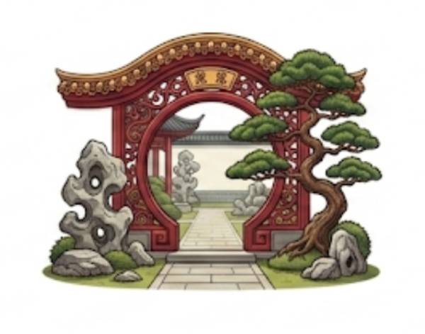 jardin milenario en dibujo. Una puerta y un árbol bonsai al lado.
